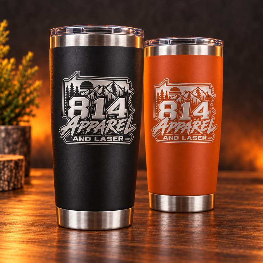 Mockup of black and orange tumblers with silver 814 engraving