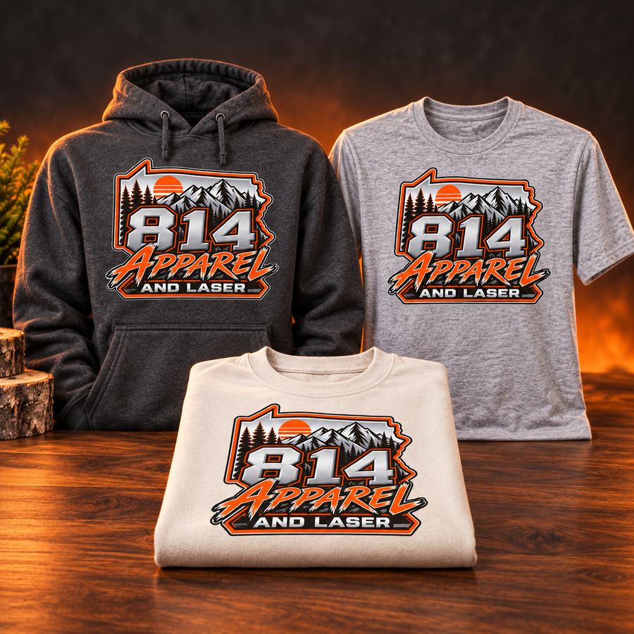 Mockup of a hoodie, T-shirt and sweatshirt with the 814 logo