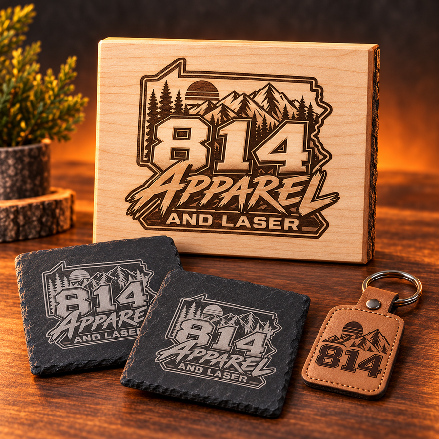 Mockup of an engraved wood plaque, slate coasters and leatherette keychain