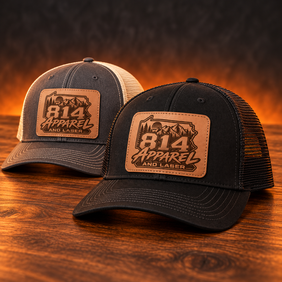 Mockup of trucker hats with engraved 814 logo patches